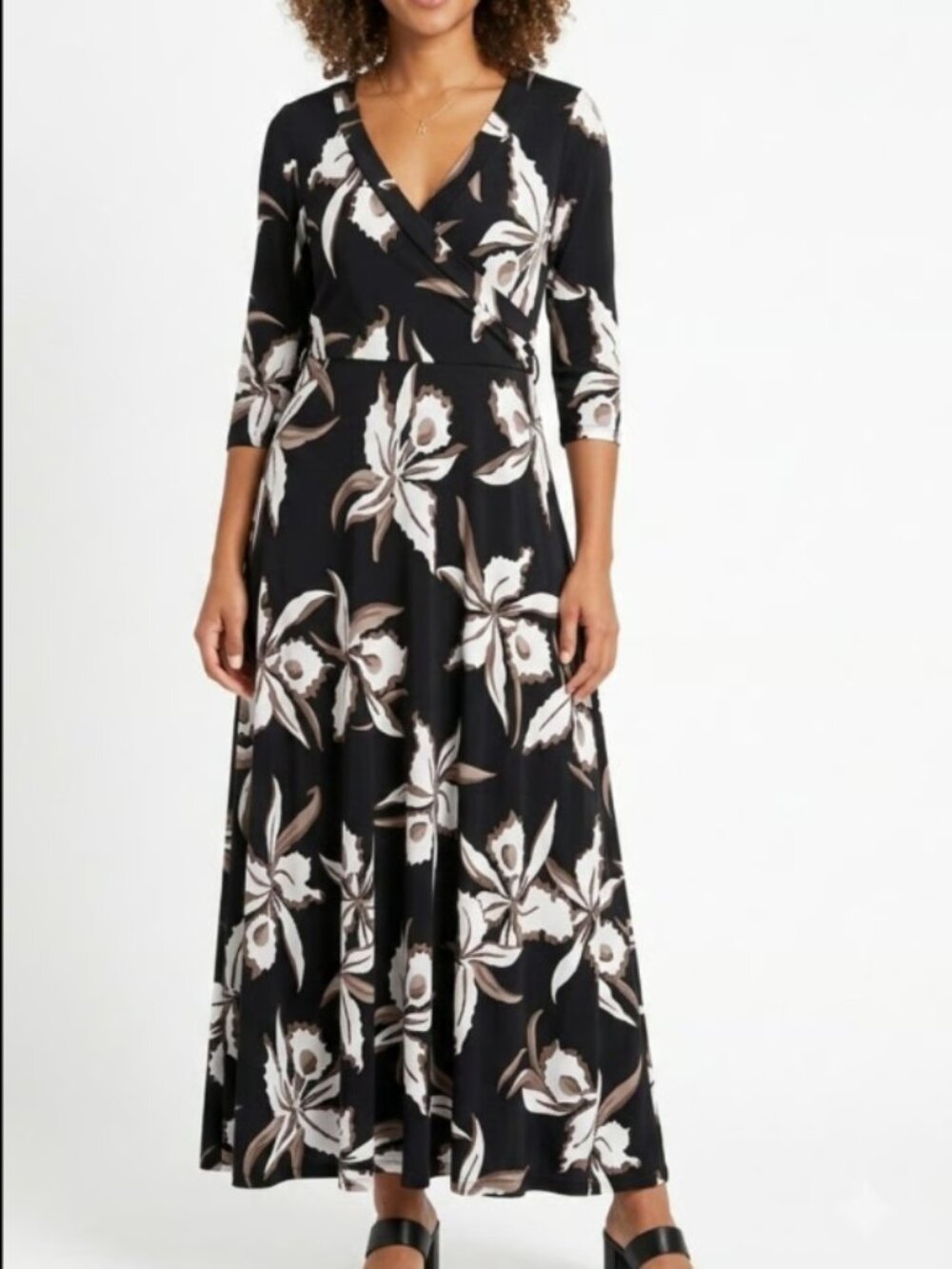 Black Floral Maxi Dress with Taupe Accents